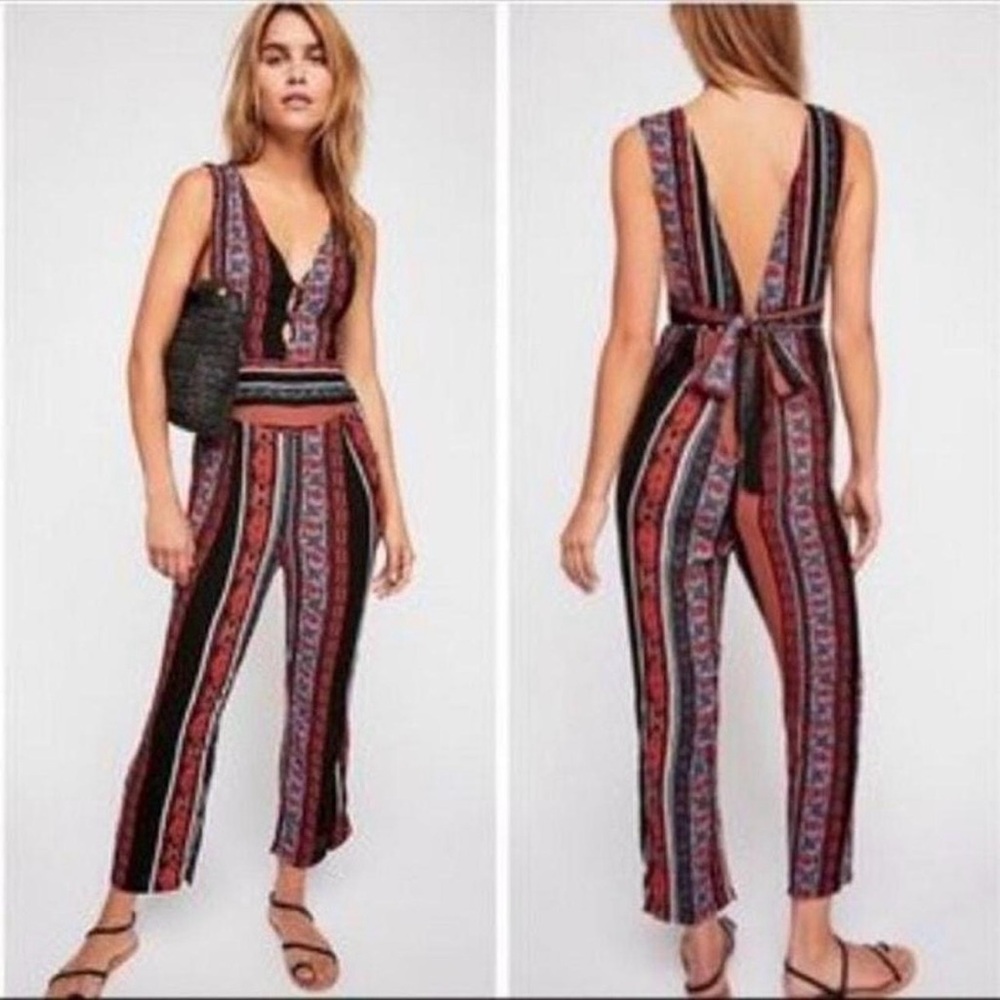 Free People All Shook Up Black Floral Striped Boho Sleeveless Jumpsuit Sz 6